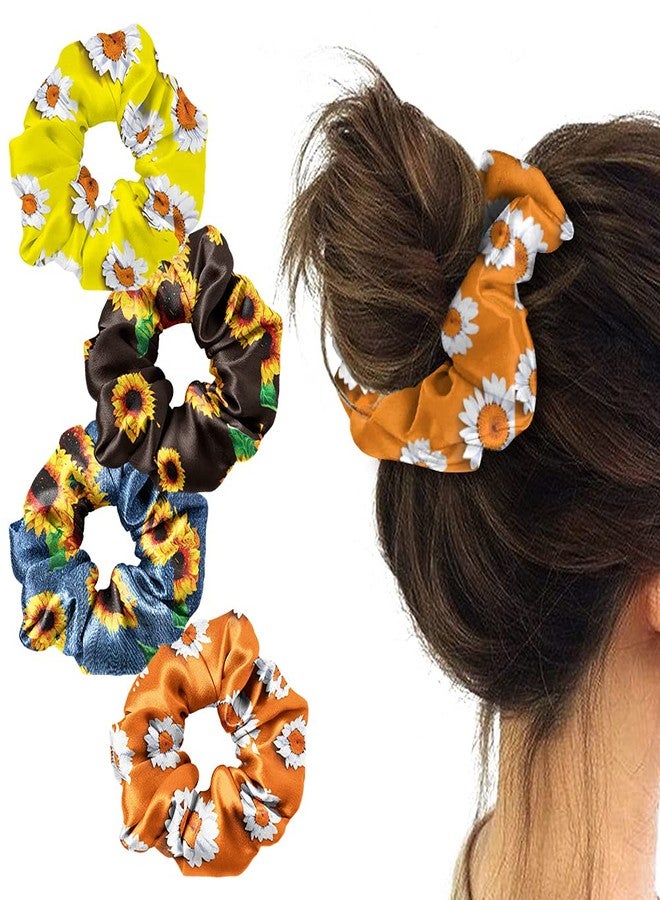 WIRESTER 4 Pcs Satin Hair Scrunchies, Silk Hair Ties, Soft Elastic Hair Bands Ponytail Holder, Silky Curly Hair Accessories for Women Girls - Sunflowers Daises Pattern - Image 1